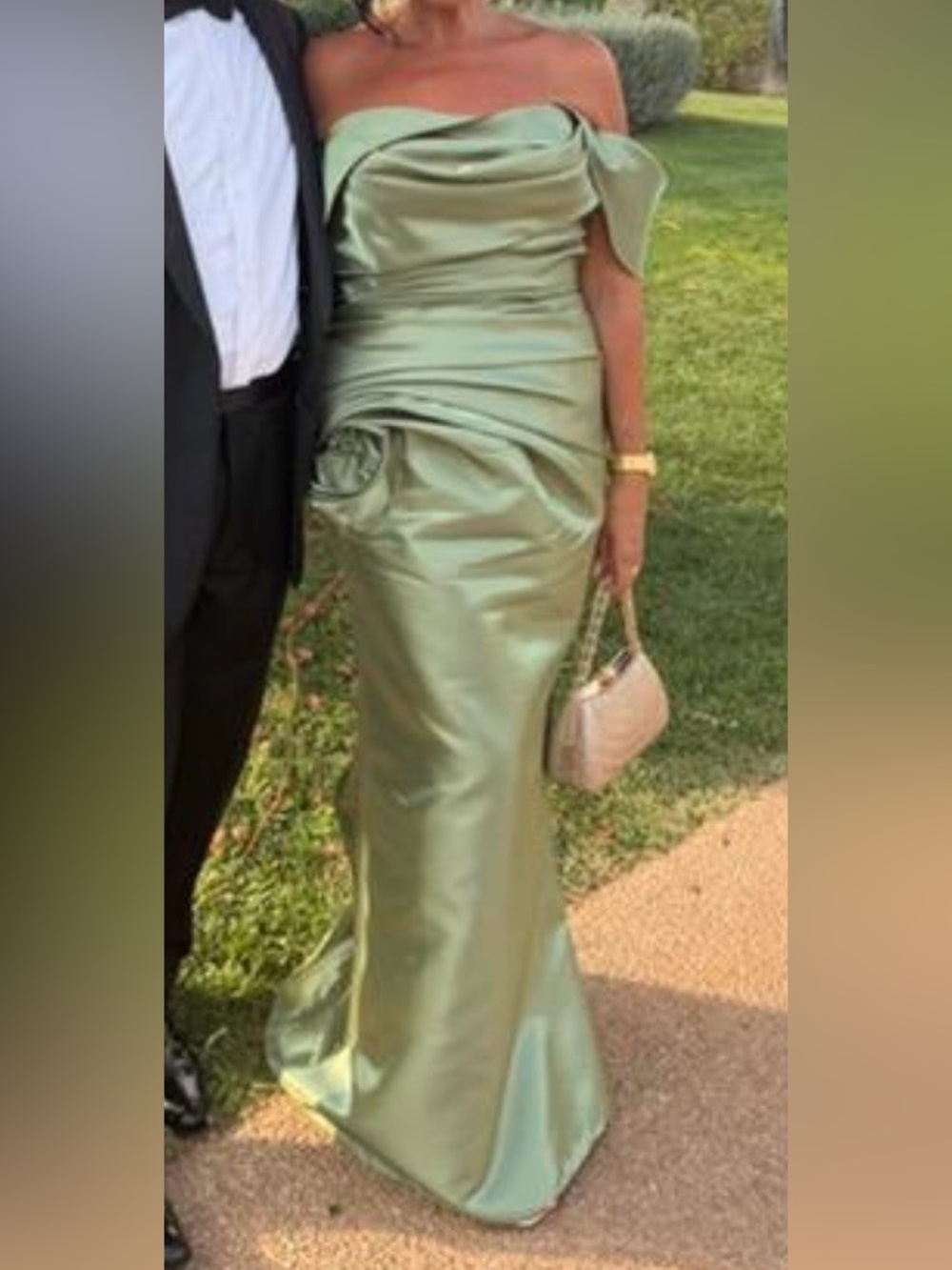 Terani Couture Satin Off-Shoulder Maxi in Olive